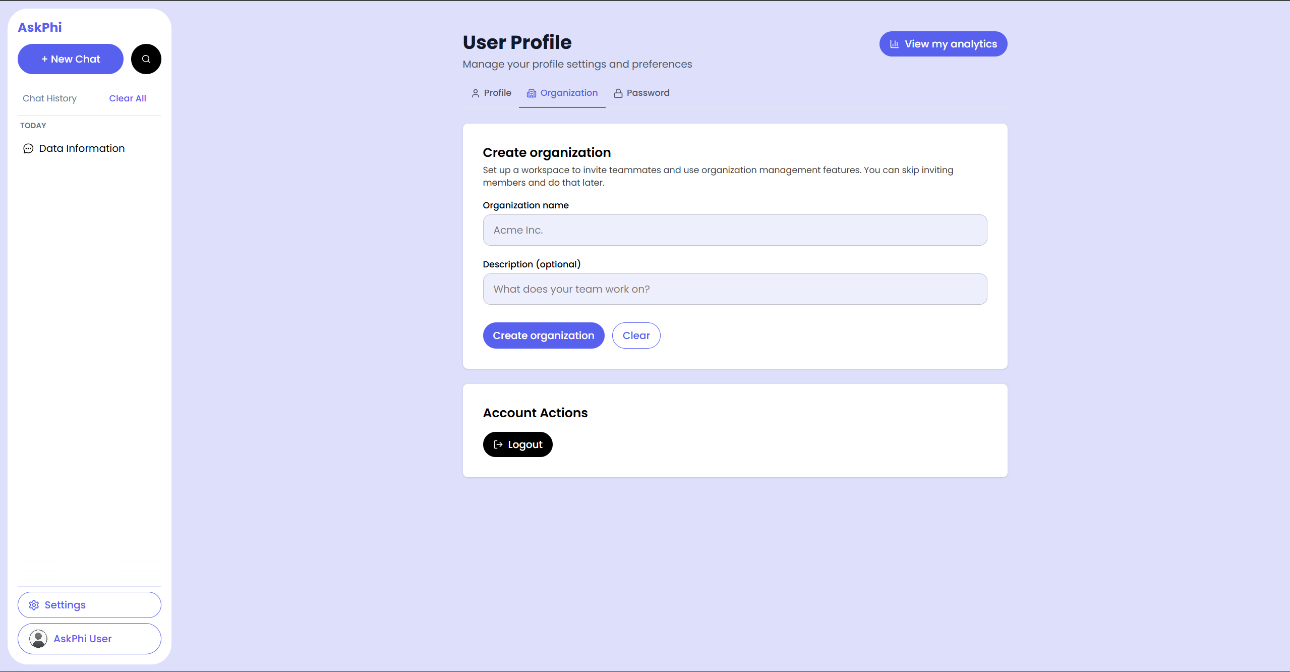 placeholder: Organization tab on the profile page