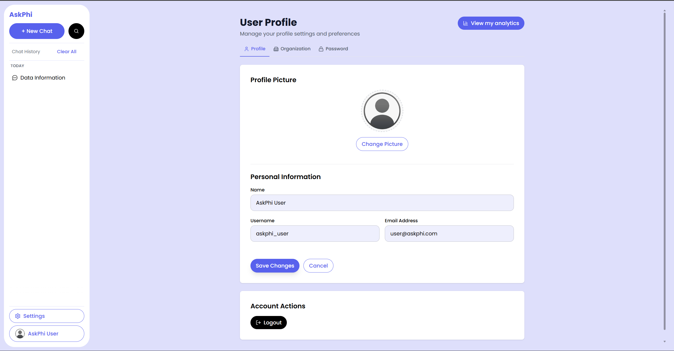 placeholder: profile page with the Profile tab active